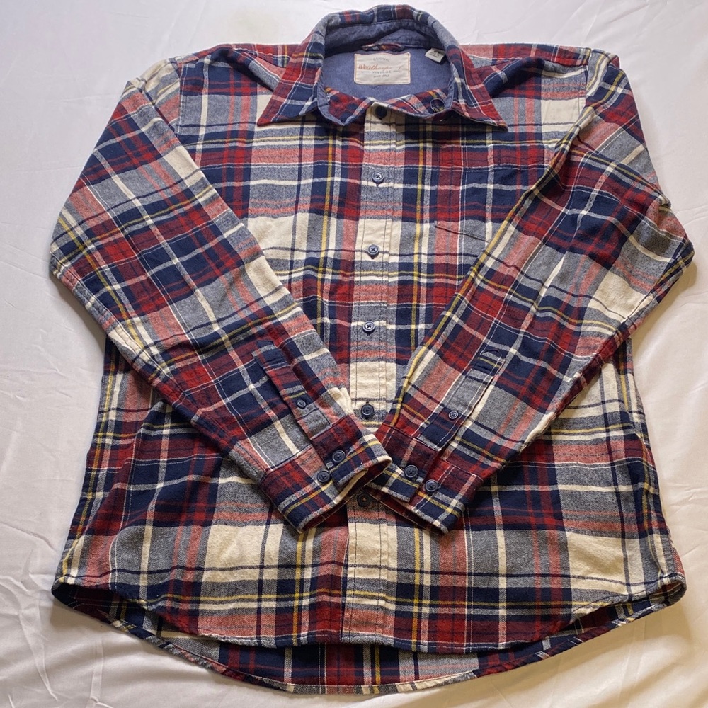 Men's Plaid Button-Down Shirt - Red, Blue, Cream
